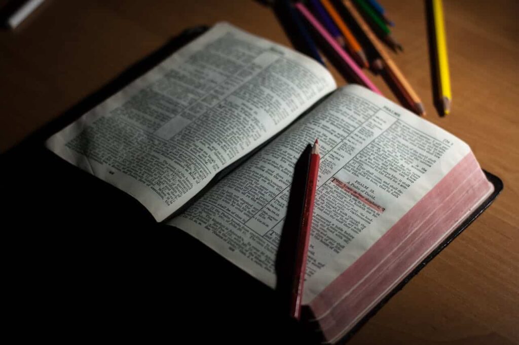 Foto de John-Mark Smith: https://www.pexels.com/es-es/foto/lapiz-rosa-en-la-pagina-de-la-biblia-abierta-y-rosa-272337/